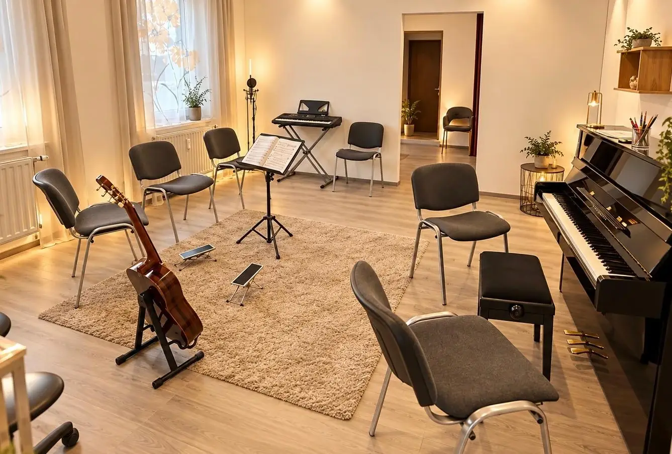 Unterrichtsraum mit Klavier und Notenständer in Schwaig